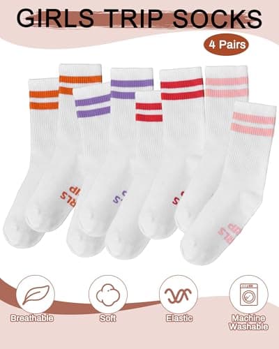 Hercicy 4 Pairs Girls Trip Themed Socks Girls Weekend Trip Gifts for Women Colorful Stripe Elastic Crew Socks for Weekend Travel Vacation Camping Bachelorettes Sisters Friends Bestie Party Favor — view 5
