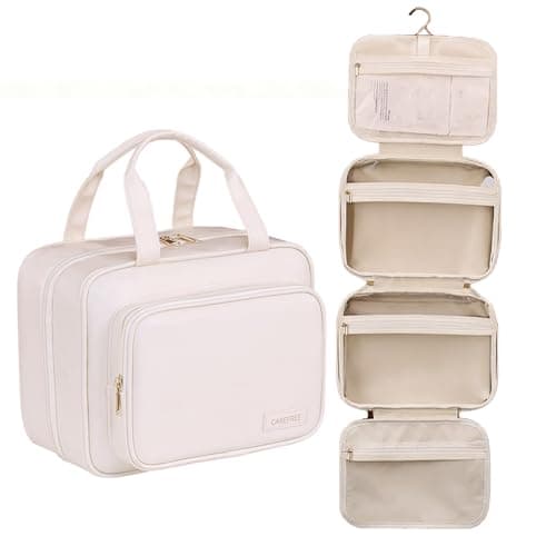 Yuexitech Hanging Travel Toiletry Bag, Waterproof PU Leather Cosmetic Organizer, Large Capacity Wash Bag for Women, Multi-Compartment Travel Wash Bags with Hook, Creamy Beige