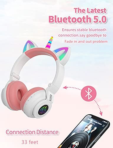 YUSONIC Unicorn Headphones for Girls, Unicorn Bluetooth Headphones Foldable for Girl Toddlers Tablet/pad/Amazon fire,Light Up Kids Wireless Headphone Birthday Gifts (White) — view 6