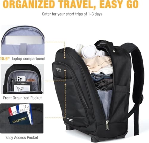 Ponhog Wheeled Backpack - 15.6 Inch Laptop Travel Backpack with 4 Spinner Wheels, Flight Approved Trolley Rucksack for Women & Men, Cabin Approved Carry On Luggage,Black — view 2