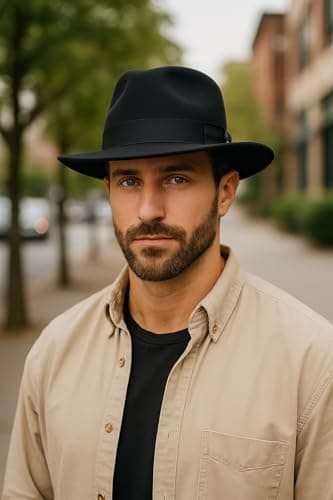 Novella Noori Indiana Jones Style Fedora Hat - Pure Wool Felt Wide Brim Fedora Hat for Men and Women - Crushable, Water-Resistant Vintage Wool Flet Fedoras - (Black, UK, Alpha, L) — view 3