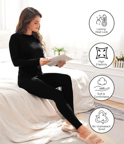 wirarpa Women's Thermal Underwear Set Fleece Lined Top & Bottom Black M — view 3