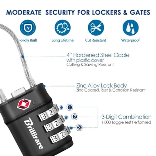 2 Pack TSA Approved Luggage Locks, Combination Travel Cable Lock, 3-Digit Waterproof Padlock, Zinc Alloy Outdoor Keyless Resettable Lock for Travel, Lockers, Bags, Backpack, Gym, Gate-by Brillirare — view 5