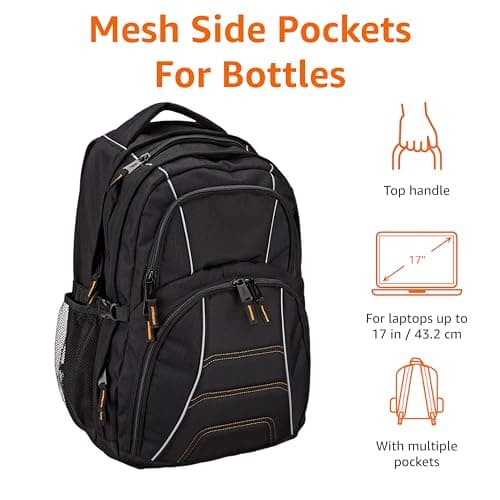 Amazon Basics Laptop Computer Backpack with padded shoulder straps and Organizational compartments for pens, keys, cellphone, Fits up to 17 inch/43 cm laptop (Black) — view 3