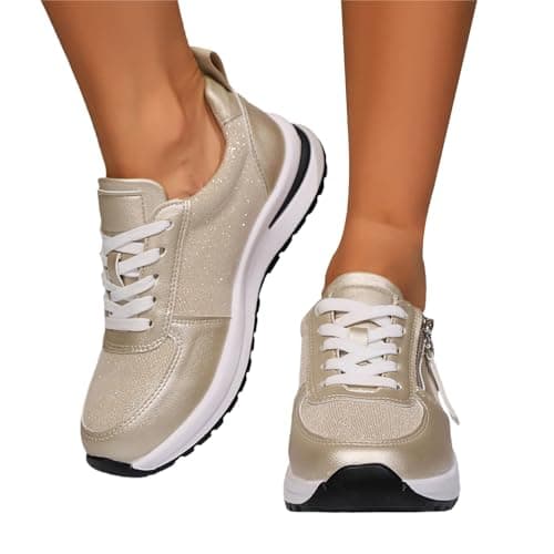 Wedge Walking Shoes for Womens Lace Up and Side Zipper Fashion Running Sneakers Comfortable Lightweight Shock Absorbing Trainers Casual Sport Cross Trainer Shoe Non-Slip Sneaker for Fitness Gold — view 2