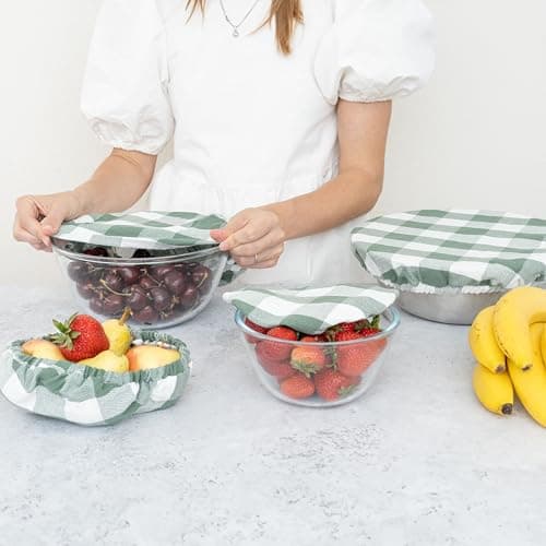 Sage Green Cotton Bowl Covers - 8 Pack, Reusable, Washable, 100% Cotton Fabric Set to Cover Fruits, Vegetables and Regulate Moisture - Elastic Closure for Salads, Bread & Leftovers (Sage Green) — view 4