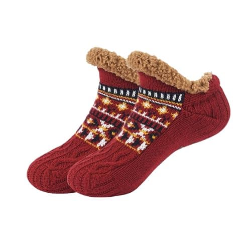 JiaYouLC Fluffy Slipper Socks for Women Men Winter Fleece Lined Thermal Non Slip Indoor Home Knitted Warm Bed Socks (UK, Alpha, XL, Regular, Regular, Red)