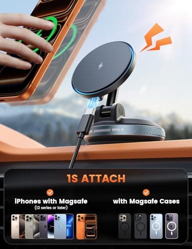 Lamicall for MagSafe Car Mount Charger, 15W Magnetic Wireless Car Charger, 70 Lbs Vacuum Suction Cup Phone Mount 360° Adjustable with Dual USB-C Ports, for iPhone 17 Pro Max 16 15 14 13 12 - Black — view 4
