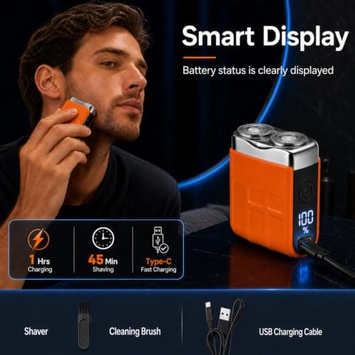 Mini Electric Shaver for Men Portable Travel Razor Cordless Rechargeable Rotary Beard Trimmer IPX5 Waterproof Pocket Power Shaver with Digital Display for Face Grooming Home Office Use Orange — view 4