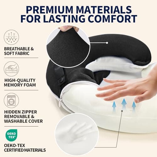 BUYUE Travel Neck Pillows for Airplanes, 360° Head Support Sleep for Long Flight, Skin-Friendly & Breathable, Kit with 3D Contoured Eye Mask, Earplugs and Storage Bag (Adult, Black, 100+ lbs) — view 4