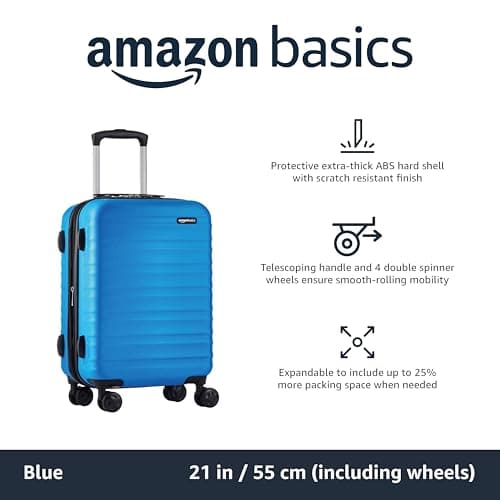 Amazon Basics Hard Shell Small Suitcase - Expandable ABS Hand Luggage with 4 Double Spinner Wheels - Scratch Resistant and Lightweight Construction - 55 x 37.5 x 25.5cm - Light Blue — view 2