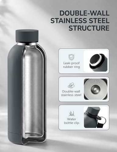 Stainless Steel Water Bottle with Strap - Insulated Metal Water Bottles Double Wall - 500ml/750ml/1L - 24hrs Cold/12hrs Hot - BPA Free - Leakproof for Sports, Hiking, Gym, Travel, Outdoor (Grey) — view 6