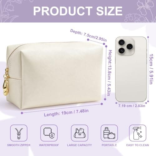 EDSG Personalised Makeup Bag, Waterproof Leather Cosmetic Bags with Name & Birthflower, Travel Toiletry Bag Gifts for Women, Best Friends, Sister, Birthday, Bride Bridesmaid Gifts (White, Design 1) — view 4
