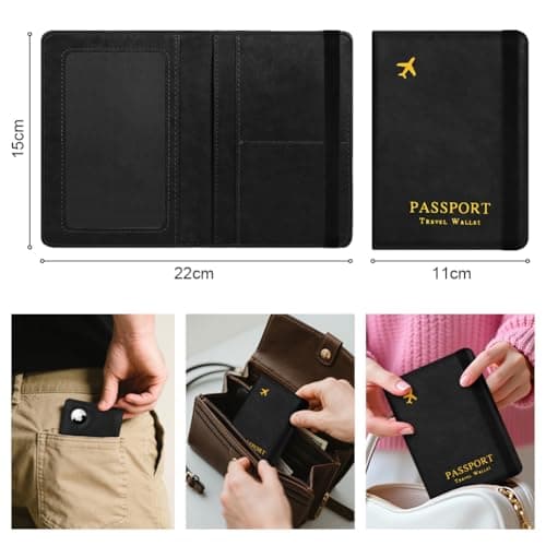 AOOSU Airtag Wallet Passport Holder Cover, PU Leather Passport Cover with RFID Blocking Travel Wallet, Portable Universal Travel Wallets Case Organiser for Money, Boarding Passes, Credit Cards Black — view 2
