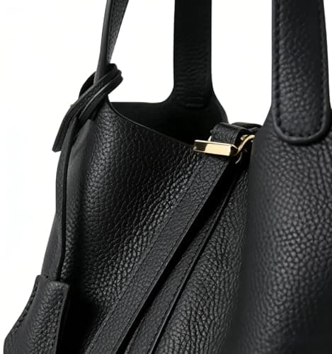 Genuine Leather Handbag for Women: Shoulder Bag with Lock Design, Versatile and Top Handle, Fashionable Vegetable Basket, Black/White, 7.5 x 5.9 x 7.1 pulgadas — view 4