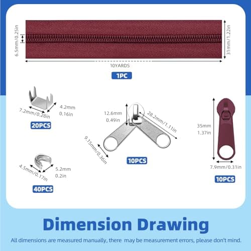 Glarks 81pcs Burgundy #5 Nylon Coil Zipper Tape Includes 1pcs 10Yards Sewing Zipper Roll with 10pcs Metal Zipper Sliders 10pcs Double Zipper Sliders 40pcs Top Stops 20pcs Bottom Stops — view 2