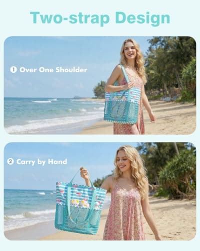 Beach Bag with Zip and Pockets Small Beach Tote Bags Women, Green Flamingo — view 2
