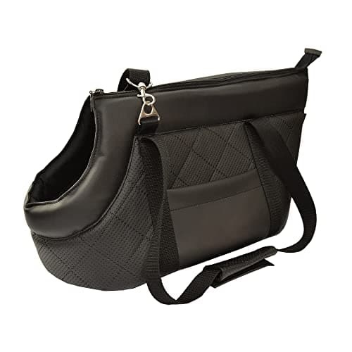 Premium Pet Carrier Bag for Dogs & Cats, Faux Leather Shoulder Travel Bag with Elastic Safety Strap and Carabiner, Up to 12 kg, Metallic Black Size L, 47 x 29 x 28 cm