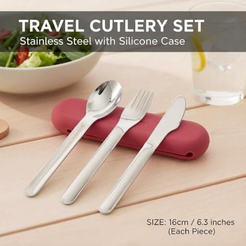 Kichna Travel Cutlery Set with Silicone Case – Reusable Knife Fork Spoon Set, Stainless Steel Portable Utensils for Lunch Box, Work, Camping & Travel – Dusty Berry Red — view 6