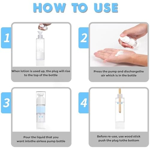 GIVITASOT 1.7OZ/50ML Airless Pump Bottles, 6 Pack Lotion Dispenser Travel Size Pump Bottles, Vacuum Cosmetic Travel Bottle for Lotion, Creams, Foundation, Cosmetic, with Labels, Wooeden Stick — view 4