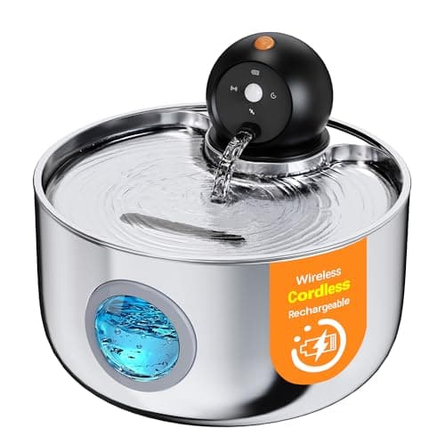 Cat Water Fountain for Drinking Wireless: Cordless Stainless Steel Cat Fountain - 2.6L Automatic Pet Water Dispenser Battery Operated with Motion Sensor Indoor - Rechargeable Pet Fountain Water Bowl