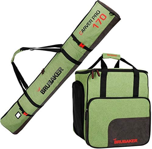 BRUBAKER Combo Set Carver Performance - Ski Bag and Ski Boot Bag for 1 Pair of Skis + Poles + Boots + Helmet - Green Black - 66 7/8 Inches / 170 Cm