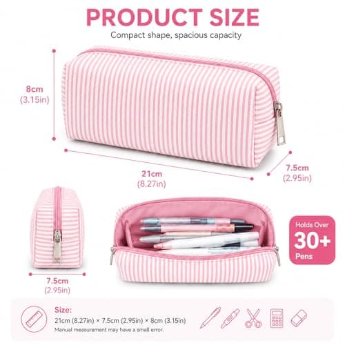 CAYLEKI Lightweight Nylon Pencil Case with Striped Design - Durable Stationery Organiser Bag for School, Work & Travel, Holds Over 30 Pens, Scratch-Resistant, Easy-Clean Textured Fabric (Pink White) — view 3
