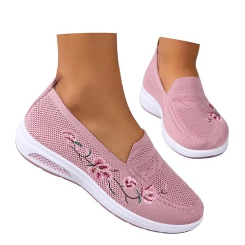 Slip On Shoes Women Embroidered Orthopedic Walking Shoes Breathable Mesh Sneakers Slip-On Lightweight Work Mom Shoe,for Outdoor Walking Traveling Hiking Size 3-11 Pink