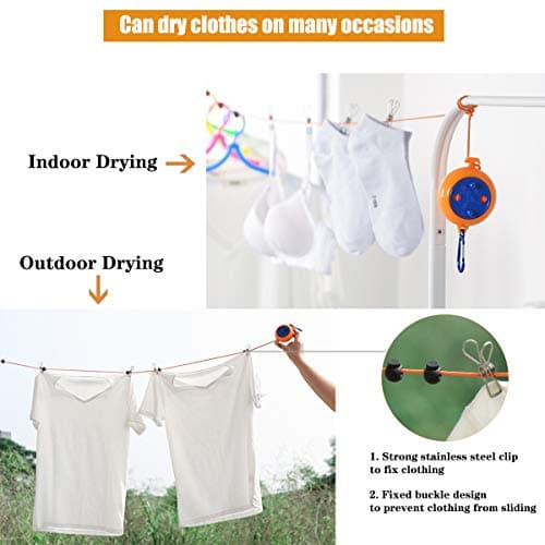 Camping Washing Line, 8 Meters Travel Clothesline Retractable Laundry Rope For Indoor Outdoor Heavy Duty, Adjustable Portable Drying Lines With 10 Fixed Buckles And 20 Clothespins — view 6