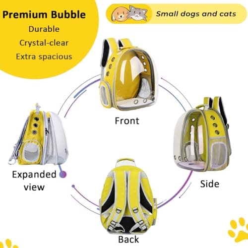 ZHUIYIWIN Cat Carrier Backpack, Expandable Cat Carrier Backpack, Ventilated Cat Bubble Backpack for Pet, Pet Carrier for Travel Hiking Walking Camping (Yellow, Front Extension) — view 5