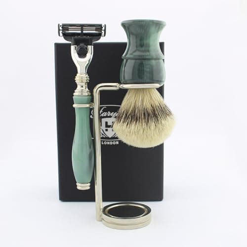 Haryali London, 3 Pcs Wet Shaving Set, 3 Edge Shaving Razor with Synthetic Silver Tip Shaving Brush & Shaving Stand – Luxury Men’s Grooming Kit for Wet Shave – Limited Edition Green Color