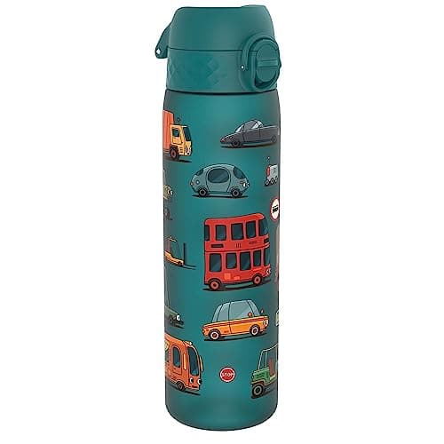 Ion8 Water Bottle, 500ml/18oz, Slim Leak Proof & BPA-Free Drinking Bottle, Secure Lock Prevents Spills, Dishwasher Safe, Carry Handle, Ideal for Adults & Kids - Travel, Gym & School, Aqua, Cars
