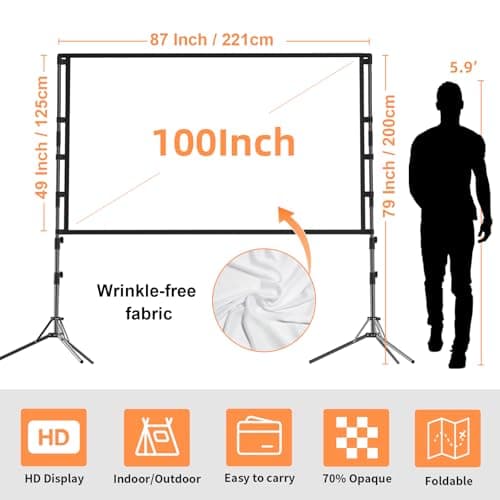 100 Projector Screen with Stand Foldable Portable Movie Screen 100”（16：9）, HD 4K Double Sided Projection Screen with Carry Bag Indoor Outdoor Video Screen for Home Theater — view 6
