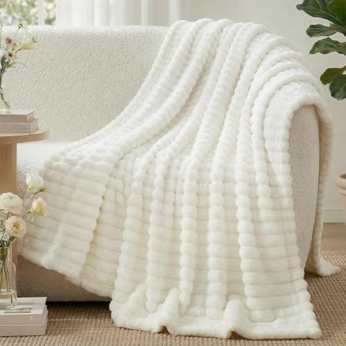 WAVVE Fluffy Blanket Fleece Throw For Sofa, Small Blanket, Cream White