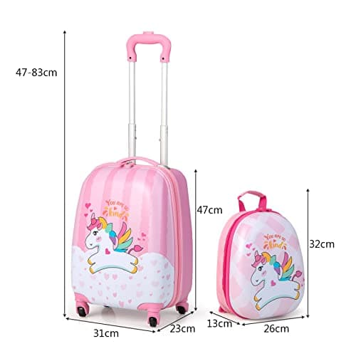 GYMAX 2Pcs Kids Luggage Set, 16"/18" & 12" Girls Suitcase (Pink, 12" & 16") — view 6