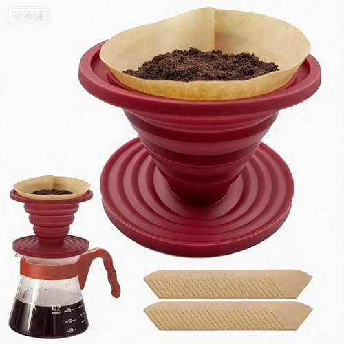 LAIYORA Collapsible Pour Over Coffee Dripper with 50 Filters Reusable Silicone Coffee Filter for Camping Travel Home Office V02 Size 2-4 Cups Red