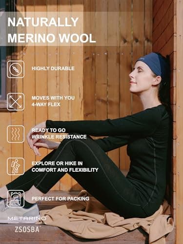 ZSOSBA METARINO Women 100% Merino Wool Base Layer Set Thermal Underwear Casual Top,Bottom for Hiking Travel Skiing, Black, XL — view 3