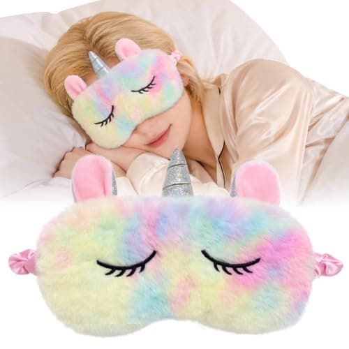 Blackout Sleep Masks, Cute Unicorn Plush Eye Mask for Women & Girls Kids, Soft Eye Mask for Sleeping with Adjustable Strap, Comfortable Sleep Mask for Travel, Nap, Night (Rainbow)