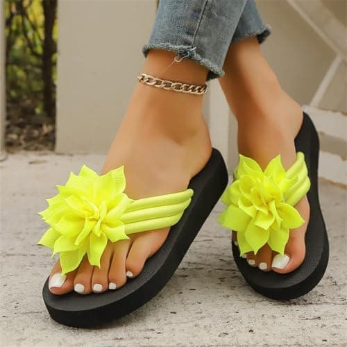 Flower Flip Flops Women Beach Slippers Size 6.5 Boho Open Toe Slip on Flat Sandals Summer Comfortable Yoga Mat Thong Sandals for Pool, Travel Vacation Slippers Flower Yellow Footwear Gift — view 5