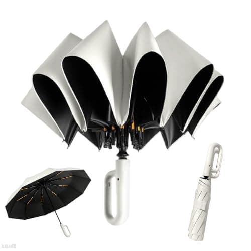 NKFBEV Travel Umbrella with Carabiner Handle, Windproof Umbrella for Rain and Sun, 10 Ribs, Auto Open Close, UV Protection, Compact Portable, Travel Umbrella Compact for Women Men Kids (Off-white)