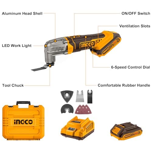 INGCO Cordless Multi Tool with 1pcs 2.0Ah Battery and Charger, 5000-20000 RPM, 6 Variable Speed,3.2° Oscillation Angle, 20V Oscillating Multi-Tool for Sawing, Cutting, Sanding CMLI20228 — view 3
