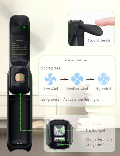 LETSCOL Handheld Mini Fan, 3 in 1 Hand Held Cooling Device, Portable and Personal with Power Bank & Flashlight, Foldable for Travel, Desk, Makeup (Black) — view 5