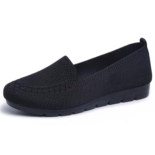 Boat Shoes Women Wide Fit Knitted Mesh Slip-On Flats Solid Color Breathable Low-Cut Casual Loafers with Soft Non-Slip Soles Lightweight Comfortable Walking Shoes for Everyday Wear Office Travel Black — view 5
