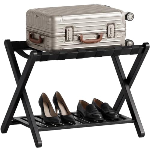 SMIBUY Luggage Rack, Foldable Bamboo Suitcase Stand with Storage Shelf for Guest Room, Bedroom, Hotel, Heavy-Duty (Black)
