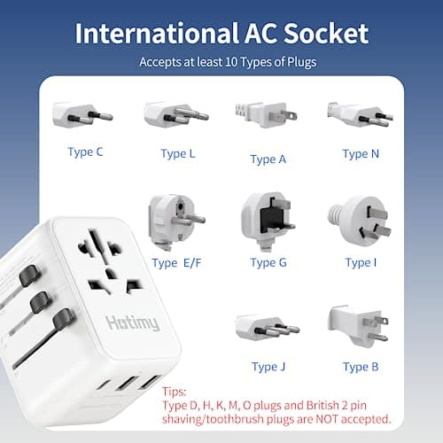 Universal Travel Adapter, Hotimy Worldwide Travel Plug with USB C & 2 USB A — view 4