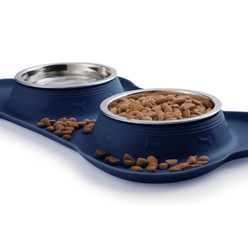 Hubulk 2 Stainless Steel Pet Dog Bowls with No Spill Non-Skid Silicone Mat + Pet Food Scoop Water and Food Feeder Bowls for Feeding Small Medium Large Dogs Cats (Medium, Navy Blue) — view 5