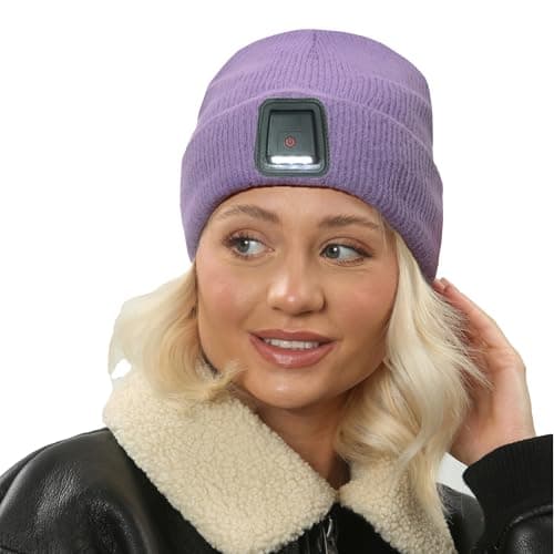 Heat Machine Mens Ladies USB-C Rechargeable LED Beanie – Warm Winter Knit Hat for Walking, Running, Cycling, Camping & Outdoor Work – Camping Flashlight (Lavender, S-M)