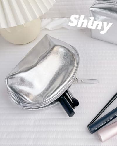 Intonowa Small Makeup Bag，Cosmetic Bags for Women，Silver Leather Makeup Pouch, Silver, Shell Bag — view 5