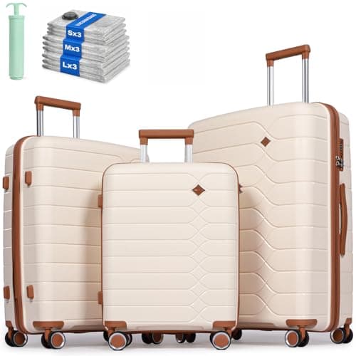 H.yeed 3 Piece Suitcase Set PP Hard Shell Luggage Set Lightweight Carry on Travel Hand Luggage with Spinner Wheels & TSA Lock 20" 24" 28" (Beige, 3 pcs Set)