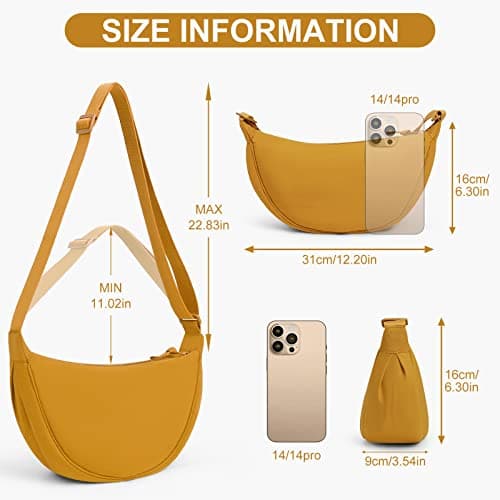 DKIIL NOIYB Crescent Bag for Women Men, Nylon Hobos Crossbody Shoulder Bag, Portable Purse with Adjustable Strap, Solid Color Chest Fanny Pack, Yellow, 31cm — view 5